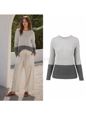Sweater | Vince Lightweight Grey Colorblock Neutral Loose Knit Long Sleeve Crew